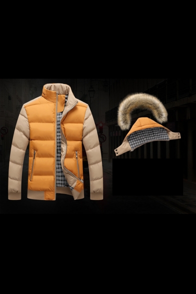 Winter's New Trendy Color Block Long Sleeve Fur Hooded Zip Up Padded Coat