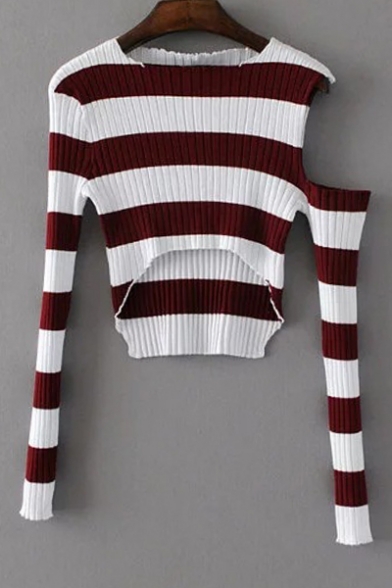 Classic Striped Pattern Cold Shoulder Round Neck Long Sleeve Cropped Sweater