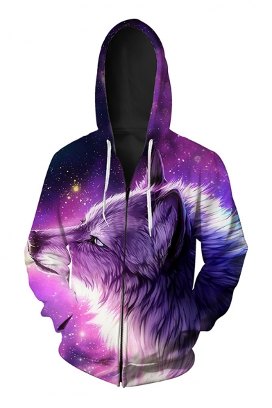 Digital Galaxy Wolf Pattern Casual Oversize Long Sleeve Zip Up Hoodie with Pockets
