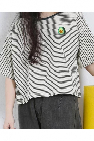 Fashion Avocado Embroidered Round Neck Short Sleeve Striped Pattern T-Shirt