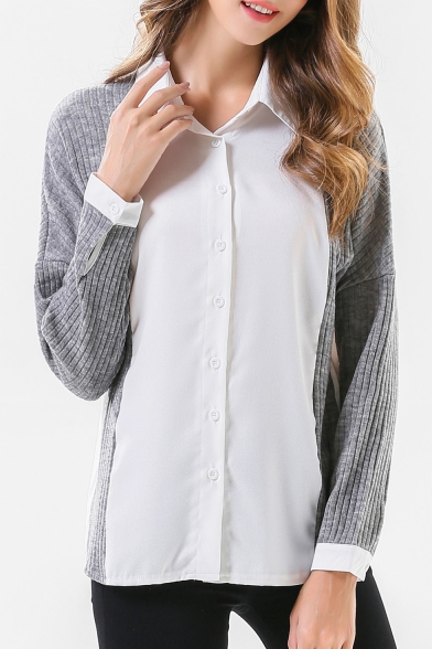 Fashion Color Block Knit Patchwork Long Sleeve Lapel Collar Buttons Down Shirt