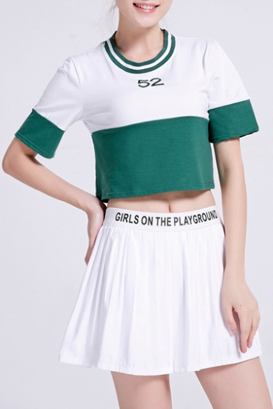 Fashion Color Block Round Neck Short Sleeve Cropped Tee with Mini Pleated Skirt
