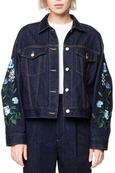 Fashion Floral Embroidered Long Sleeve Lapel Collar Buttons Down Denim Jacket