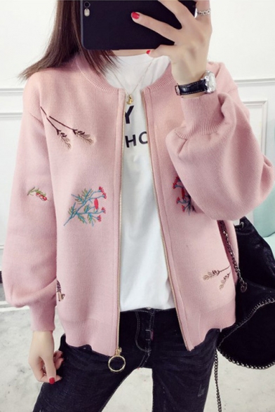 Fashion Floral Embroidered Round Neck Long Sleeve Zip Up Cardigan