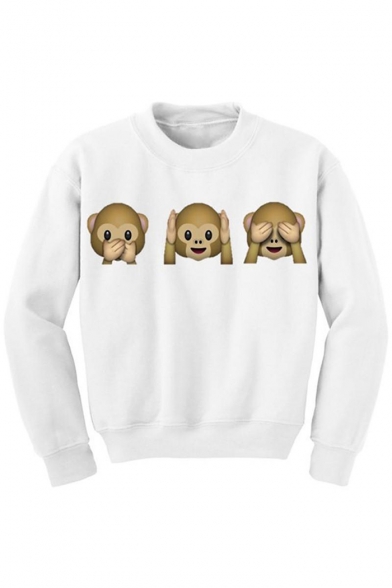 Hot Fashion Cute Monkey Emoji Pattern Long Sleeve Round Neck Pullover Sweatshirt