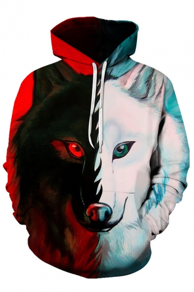 New Arrival 3D Color Block Wolf Pattern Long Sleeve Sports Casual Hoodie