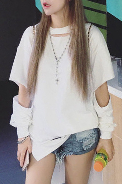 New Arrival Fashion Hollow Out Long Sleeve Round Neck Plain Loose T-Shirt