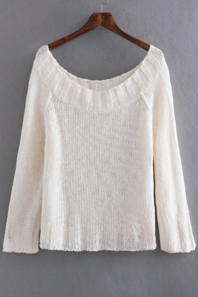 New Arrival Simple Plain Loose Casual Boat Neck Long Sleeve Sweater