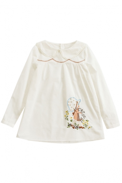 Peter-Pan Collar Long Sleeve Cute Cartoon Girl Printed Pullover Blouse