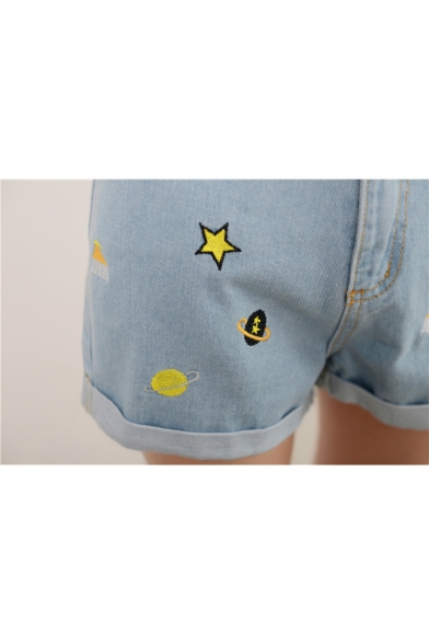 Star Embroidered Rolled Cuff Denim Shorts with Pockets