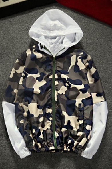 Unisex Casual Loose Classic Camouflage Pattern Zip Up Hooded Coat