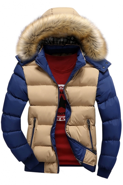 Winter's New Trendy Color Block Long Sleeve Fur Hooded Zip Up Padded Coat