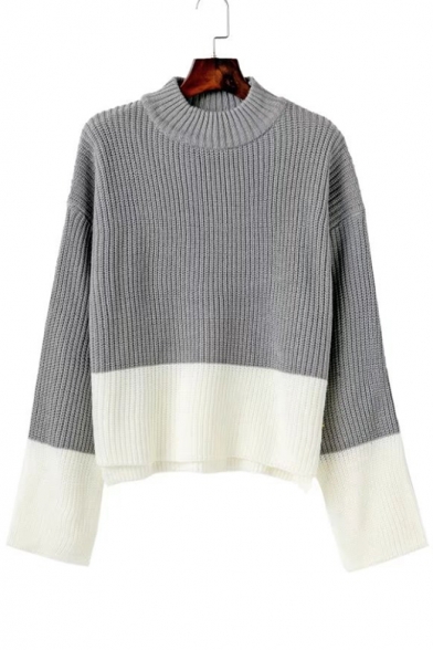 Basic Mock Neck Long Sleeve Fashion Color Block Pullover Sweater