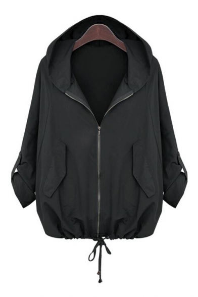 Basic Simple Plain Loose Leisure Hooded Long Sleeve Zip Up Casual Coat