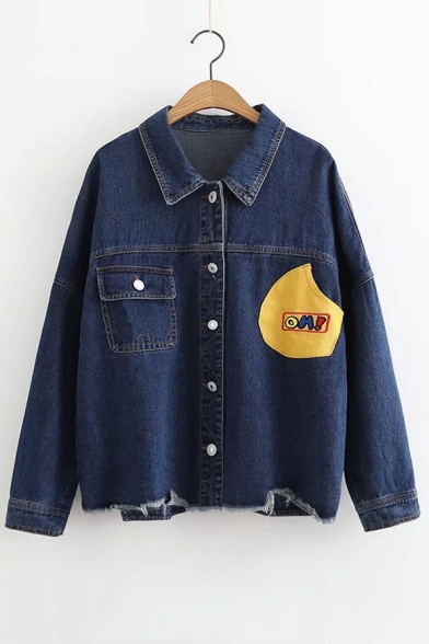 Cartoon Letter Patched Lapel Collar Long Sleeve Single Breasted Denim Jacket