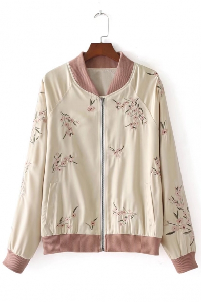 Chic Floral Embroidered Stand-Up Collar Long Sleeve Zip Up Baseball Jacket