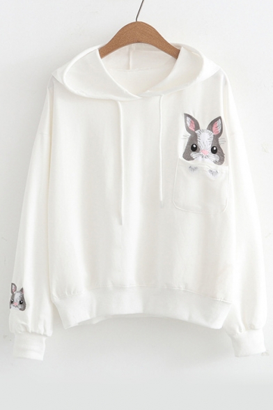 Cute Rabbit Embroidered Pocket Casual Loose Leisure Long Sleeve Cotton Hoodie