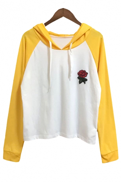 Fashion Floral Embroidered Color Block Loose Leisure Cropped Hoodie