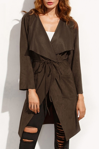 Fashion Notched Lapel Collar Long Sleeve Simple Plain Trench Coat with Pockets