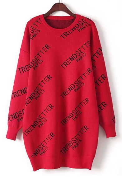 Letter Pattern Round Neck Drop Shoulder Long Sleeve Sweater Dress