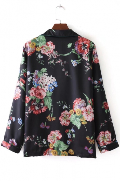 New Fashion Floral Pattern Notched Lapel Collar Long Sleeve Buttons Down Shirt