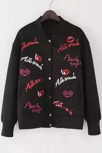 New Fashion Letter Red Lips Embroidered Long Sleeve Buttons Down Baseball Jacket