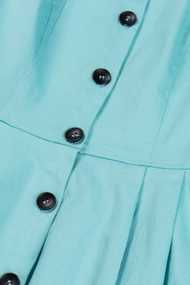 New Trendy Retro Elegant Short Sleeve Simple Plain Buttons Down Midi Flared Dress