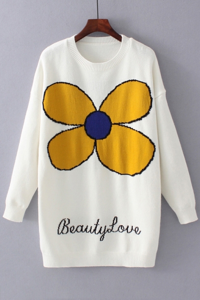 Round Neck Long Sleeve Letter Sun Flower Pattern Tunic Pullover Sweater