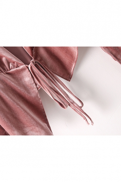 Simple Plain Fashion Velvet Long Sleeve Asymmetrical Hem Tied Coat