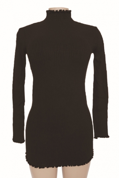 Basic Simple Plain Mock Neck Long Sleeve Mini Bodycon Knit Dress