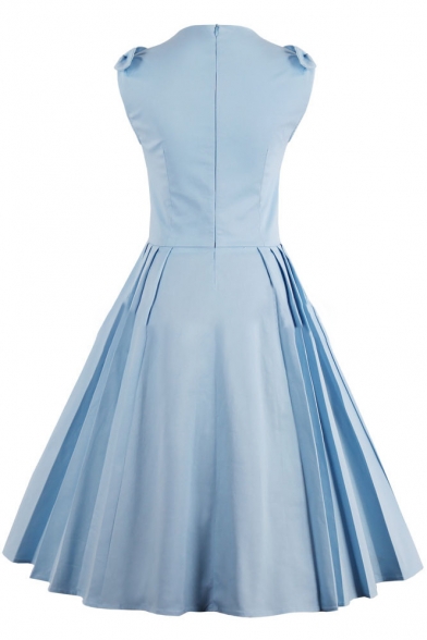 Basic Simple Plain V Neck Sleeveless Vintage Pleated Midi Flared Dress
