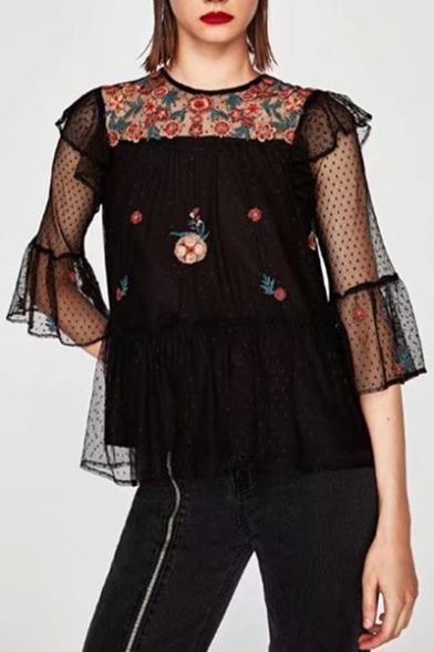 Chic Floral Embroidered Mesh Inserted Round Neck 3/4 Sleeve Sheer Blouse