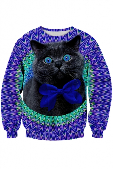 Digital Bow Tied Cat Printed Long Sleeve Round Neck Pullover Sweatshirt