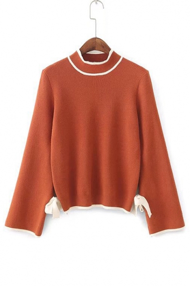Fashion Bow Tied Side Mock Neck Long Sleeve Pullover Sweater
