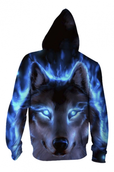 Fashion Digital Wolf Pattern Casual Oversize Sports Long Sleeve Zip Up Hoodie