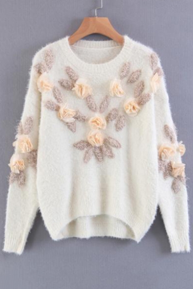 Fashion Floral Embellished Round Neck Long Sleeve Dipped Hem Sweater