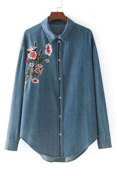 Fashion Floral Embroidered Lapel Collar Long Sleeve Buttons Down Denim Shirt