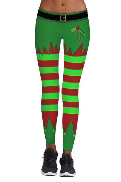 Fashion Green Christmas Striped Printed Skinny Sports Yoga Leggings