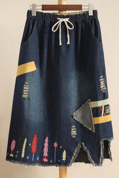 New Arrival Elastic Drawstring Waist Fashion Trees Embroidered Midi Denim Skirt