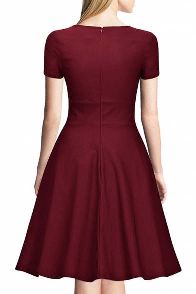 New Collection Basic Plain V Neck Short Sleeve Midi Fit Flare Dress