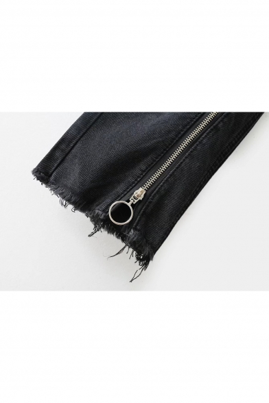 New Collection Stylish Zip Up Side Simple Plain Fringe Hem Casual Jeans
