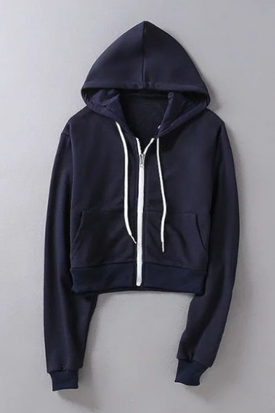New Fashion Simple Basic Plain Long Sleeve Zip Up Cropped Hoodie