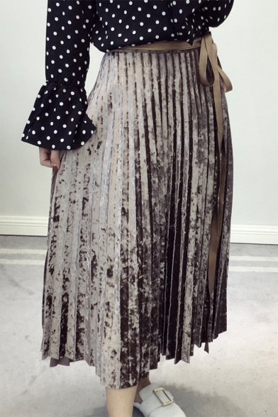 New Fashion Tied Up Side Simple Plain Maxi Velvet Pleated Skirt