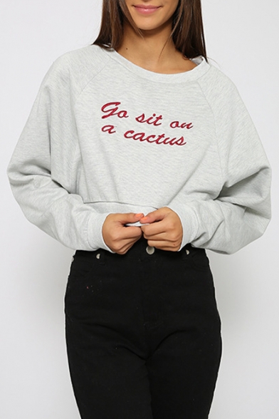 Simple Letter Embroidered Hot Fashion Round Neck Long Sleeve Cropped Sweatshirt