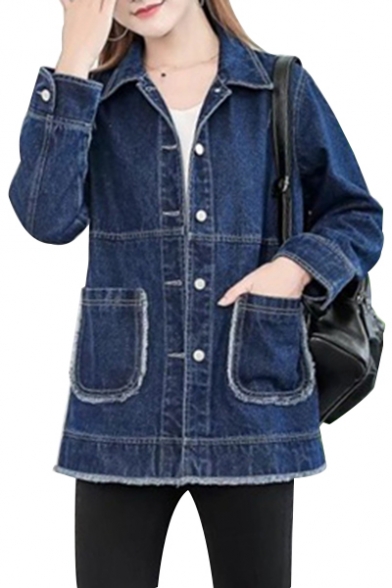 Basic Simple Plain Lapel Collar Long Sleeve Buttons Down Denim Jacket with Double Pockets