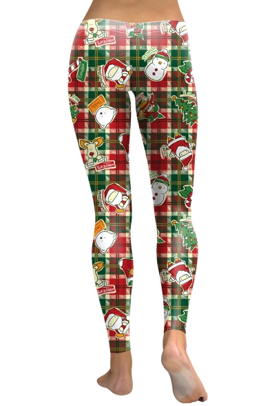 Cartoon Christmas Snowman Pattern Color Block Skinny Sports Leggings