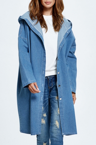 Casual Leisure Simple Plain Hooded Long Sleeve Buttons Down Long Denim Coat