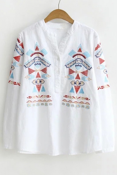 Chic Geometric Embroidered V Neck Long Sleeve Casual Pullover Blouse