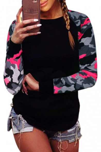Color Block Camouflage Pattern Round Neck Long Sleeve Casual Sports T-Shirt