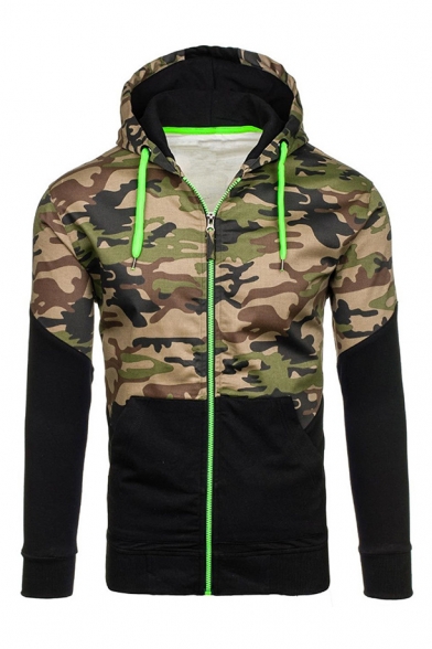 Fashion Color Block Camouflage Pattern Long Sleeve Zip Up Sports Hoodie